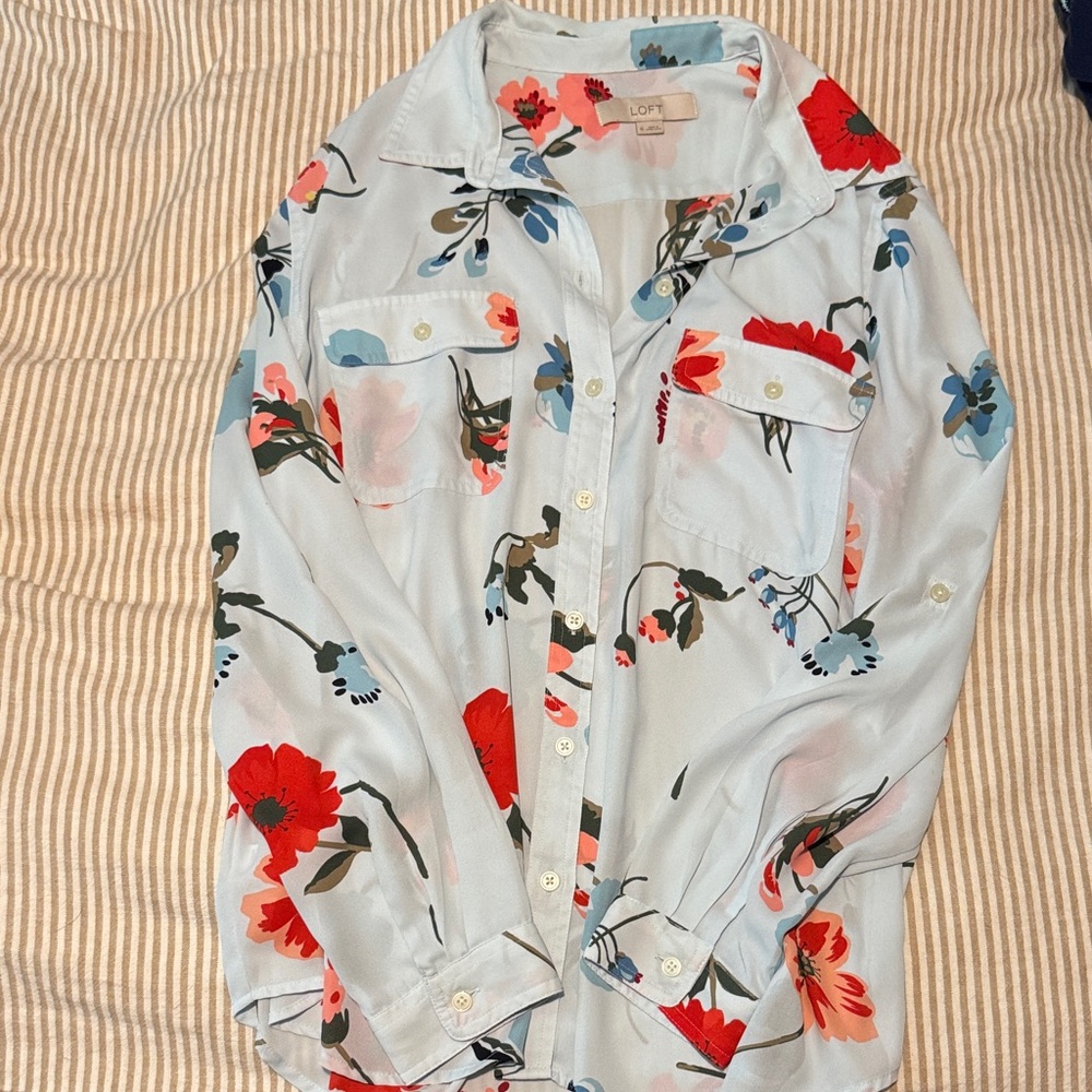 LOFT Floral Button-Up with Red and Blue Accents